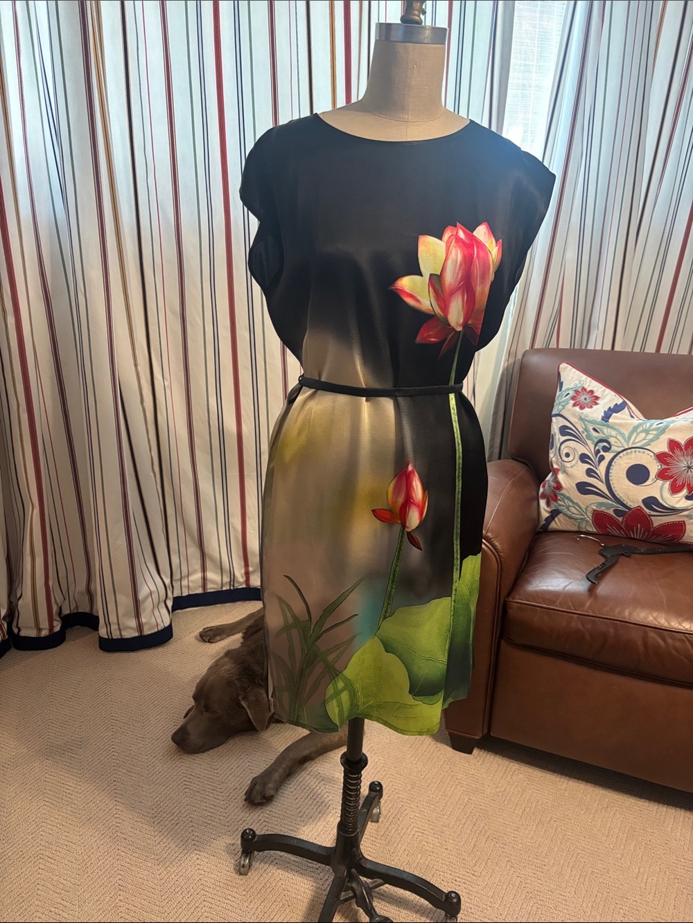 Black Floral Print Sheath Dress with Belt